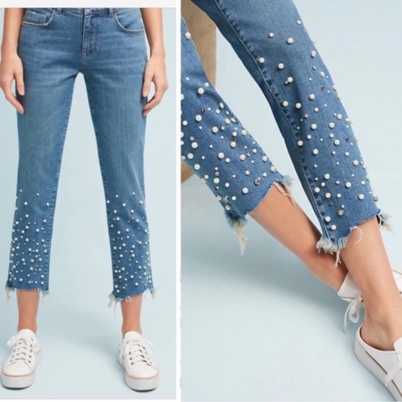 Anthro Pilcro Hyphen Raw Hem Mid Rise Pearl Jeans - Picture 2 of 13